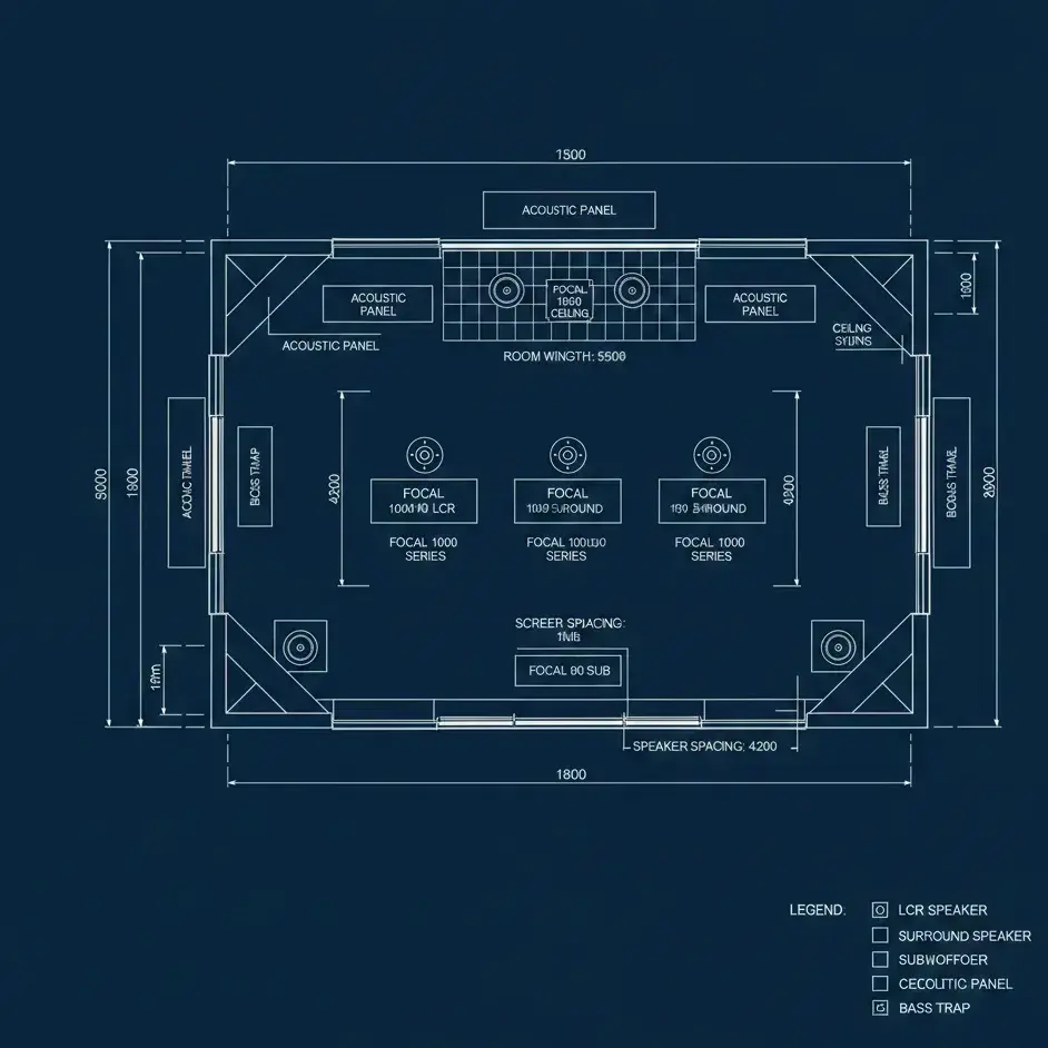 Schemat techniczny sali kinowej — rzut z góry z rozmieszczeniem głośników Focal serii 1000 w konfiguracji Dolby Atmos 7.2.4