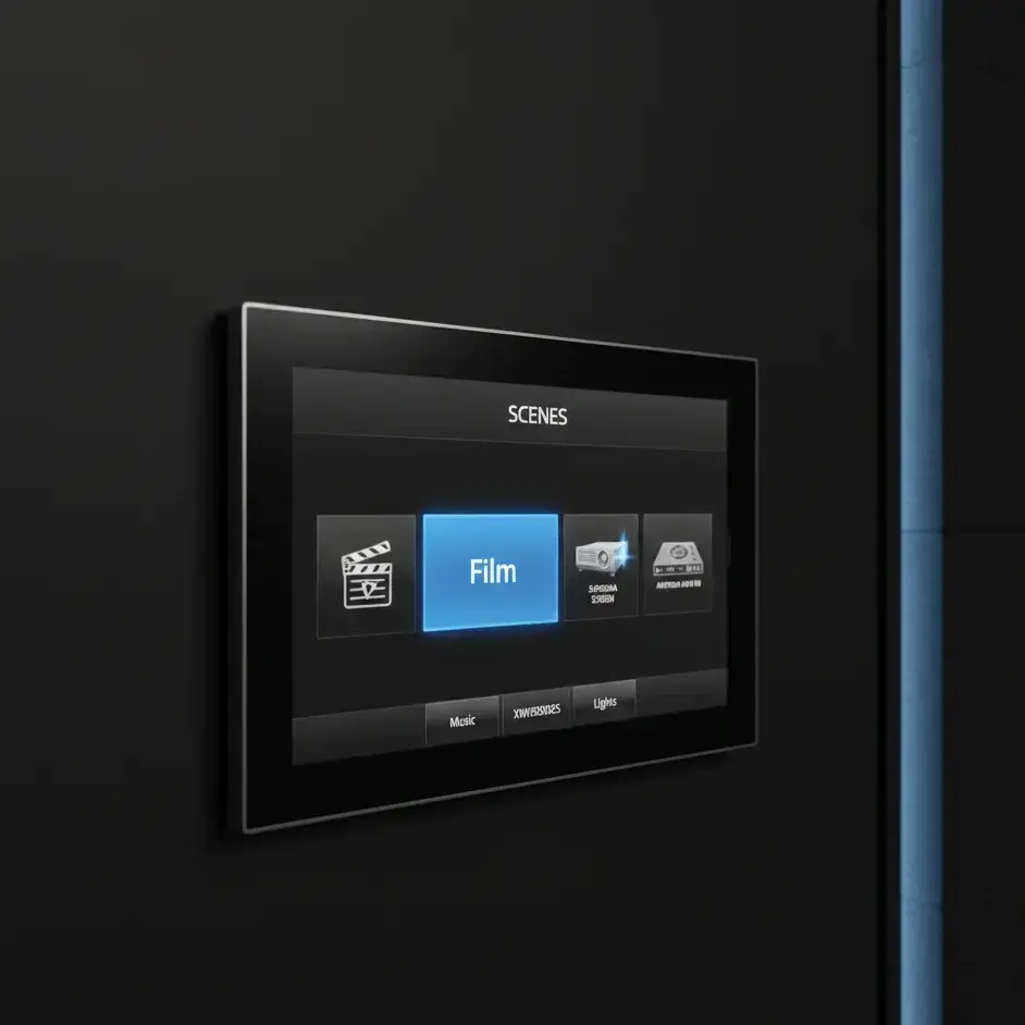 Panel dotykowy Control4 na ścianie sali kinowej — widoczna scena Film z wyborem źródeł